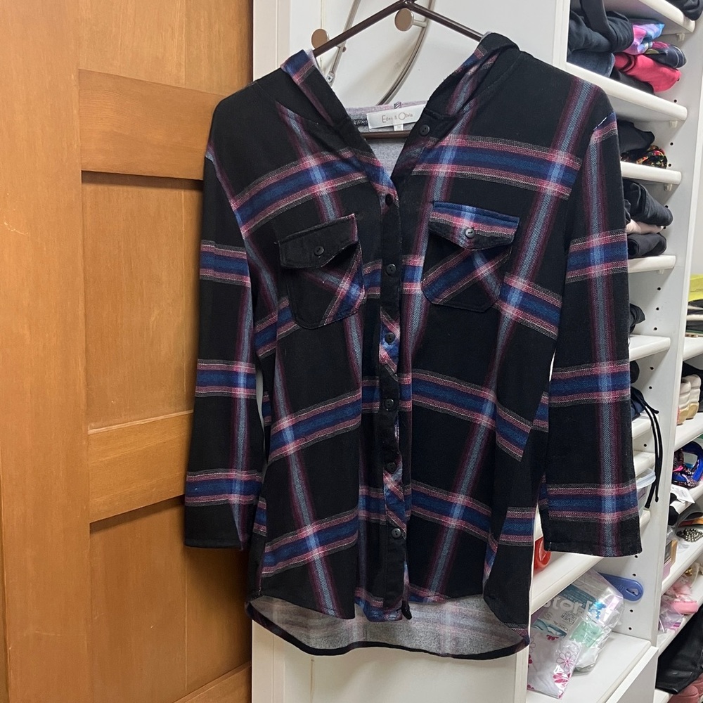 Women’s Black and Purple Plaid Hoodie Button Down Shirt